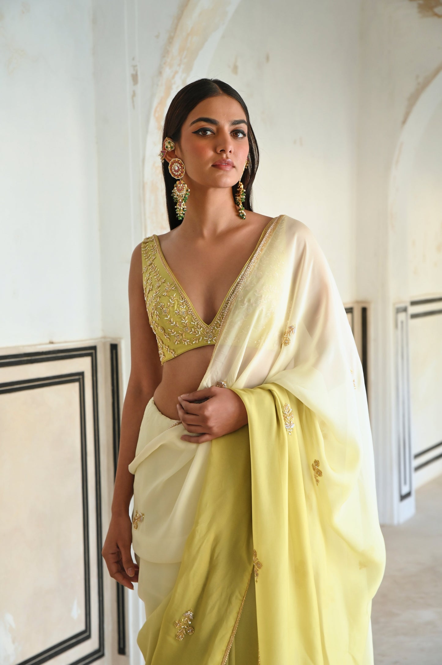 IVORY-OLIVE OMBRE FLORAL BUTTI EMBROIDERED SAREE WITH BLOUSE- EC-SA-RAHI25-21- IvoryOliveGreen