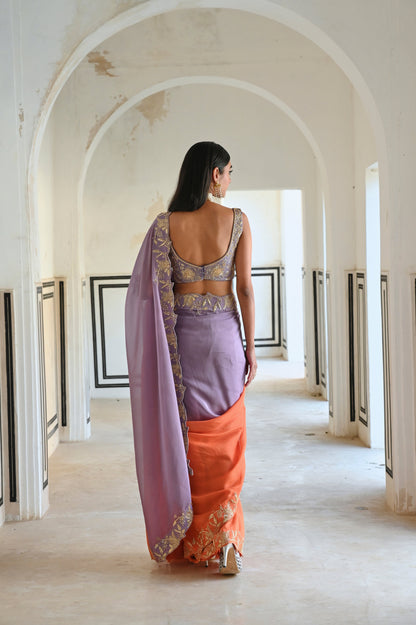 LILAC-ORANGE OMBRE FLORAL EMBROIDERED BORDER SAREE WITH V-NECK BLOUSE- EC-SA-RAHI25-20- LilacOrange