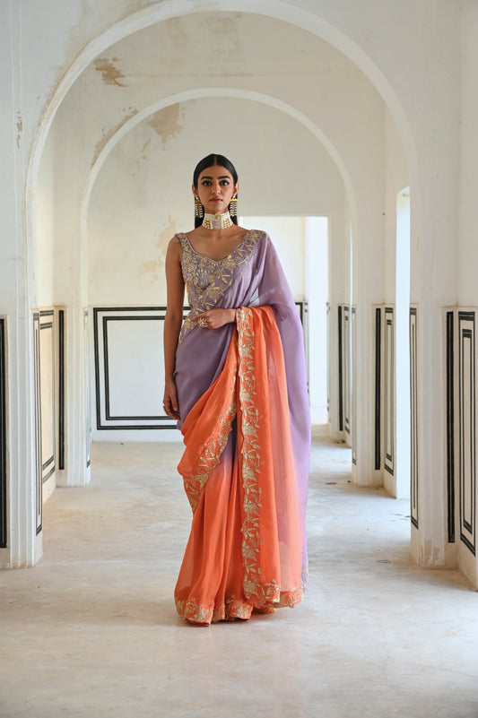 LILAC-ORANGE OMBRE FLORAL EMBROIDERED BORDER SAREE WITH V-NECK BLOUSE- EC-SA-RAHI25-20- LilacOrange
