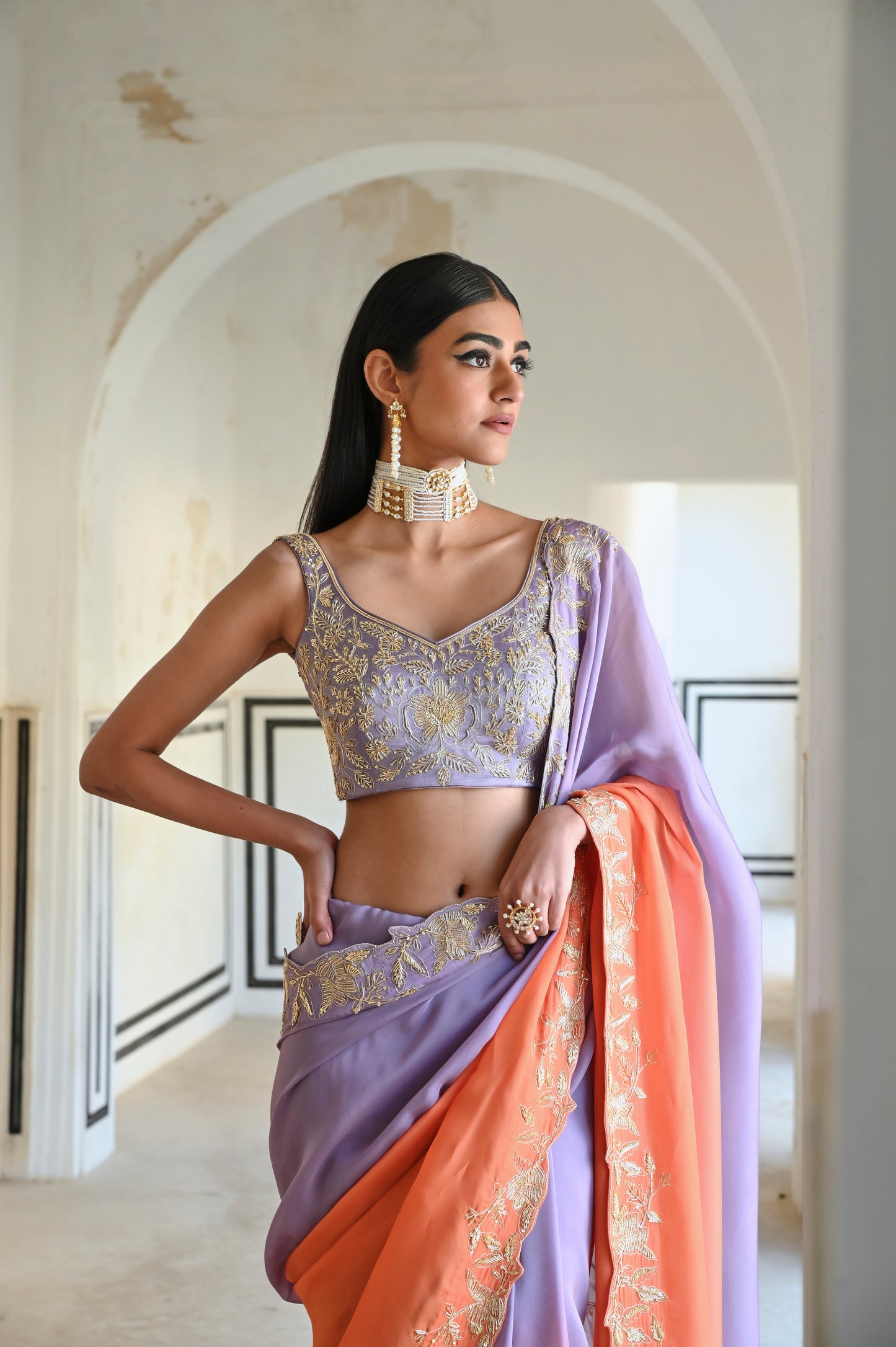 LILAC-ORANGE OMBRE FLORAL EMBROIDERED BORDER SAREE WITH V-NECK BLOUSE- EC-SA-RAHI25-20- LilacOrange