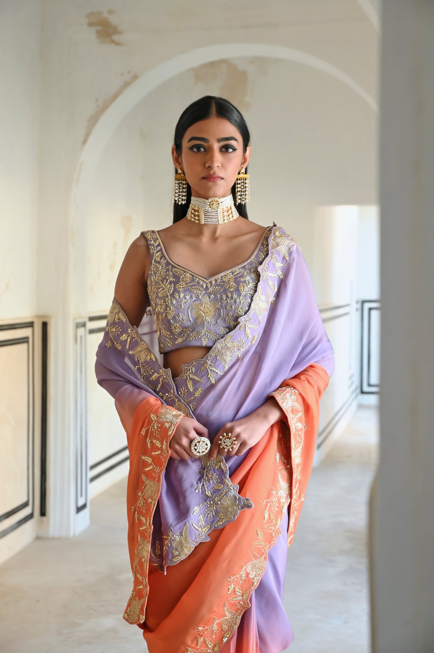 LILAC-ORANGE OMBRE FLORAL EMBROIDERED BORDER SAREE WITH V-NECK BLOUSE- EC-SA-RAHI25-20- LilacOrange