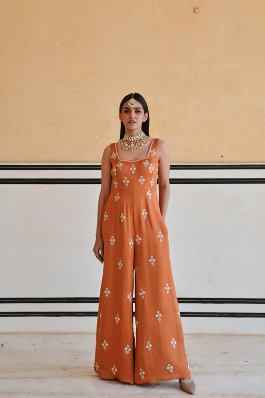COPPER SQUARE NECKLINE FLORAL BUTTI EMBROIDERED FLARED JUMPSUIT- EC-JS-RAHI25-16- Copper