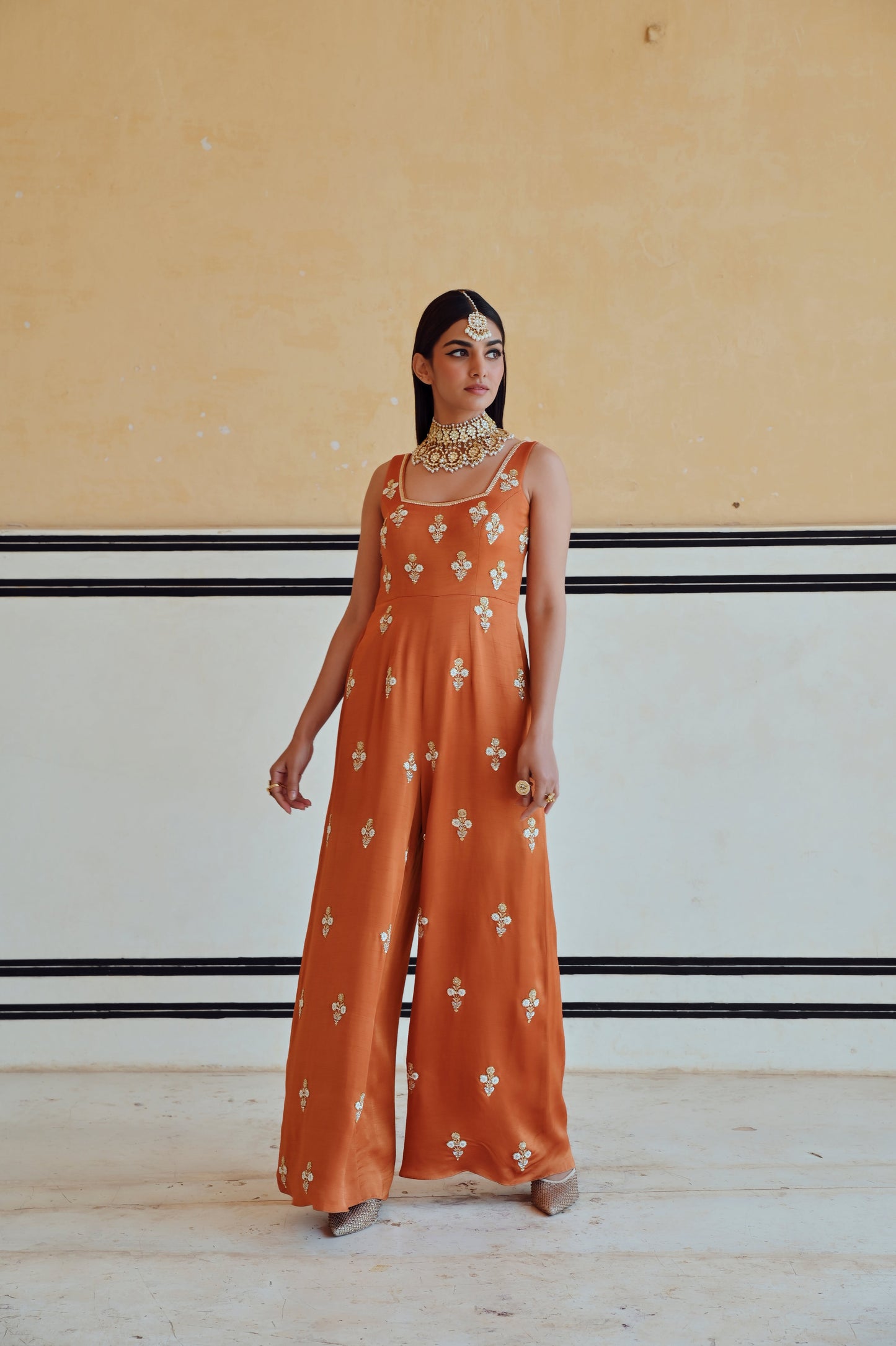 COPPER SQUARE NECKLINE FLORAL BUTTI EMBROIDERED FLARED JUMPSUIT- EC-JS-RAHI25-16- Copper