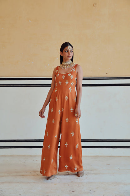 COPPER SQUARE NECKLINE FLORAL BUTTI EMBROIDERED FLARED JUMPSUIT- EC-JS-RAHI25-16- Copper