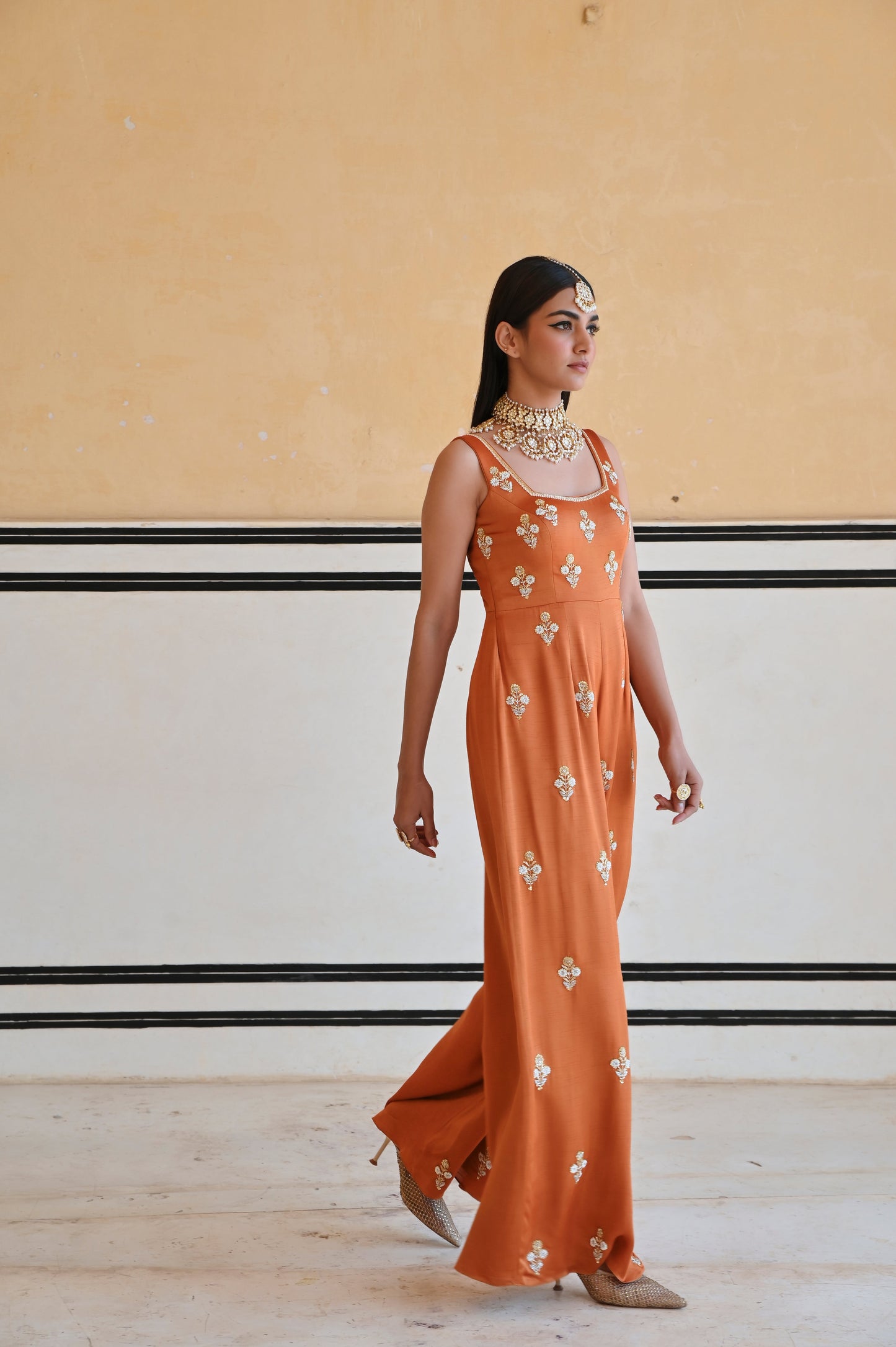 COPPER SQUARE NECKLINE FLORAL BUTTI EMBROIDERED FLARED JUMPSUIT- EC-JS-RAHI25-16- Copper