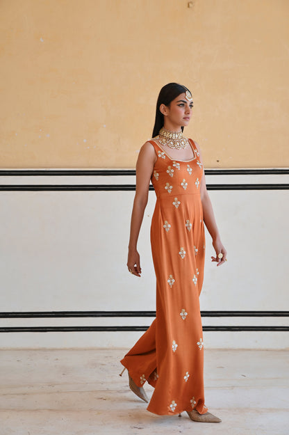 COPPER SQUARE NECKLINE FLORAL BUTTI EMBROIDERED FLARED JUMPSUIT- EC-JS-RAHI25-16- Copper