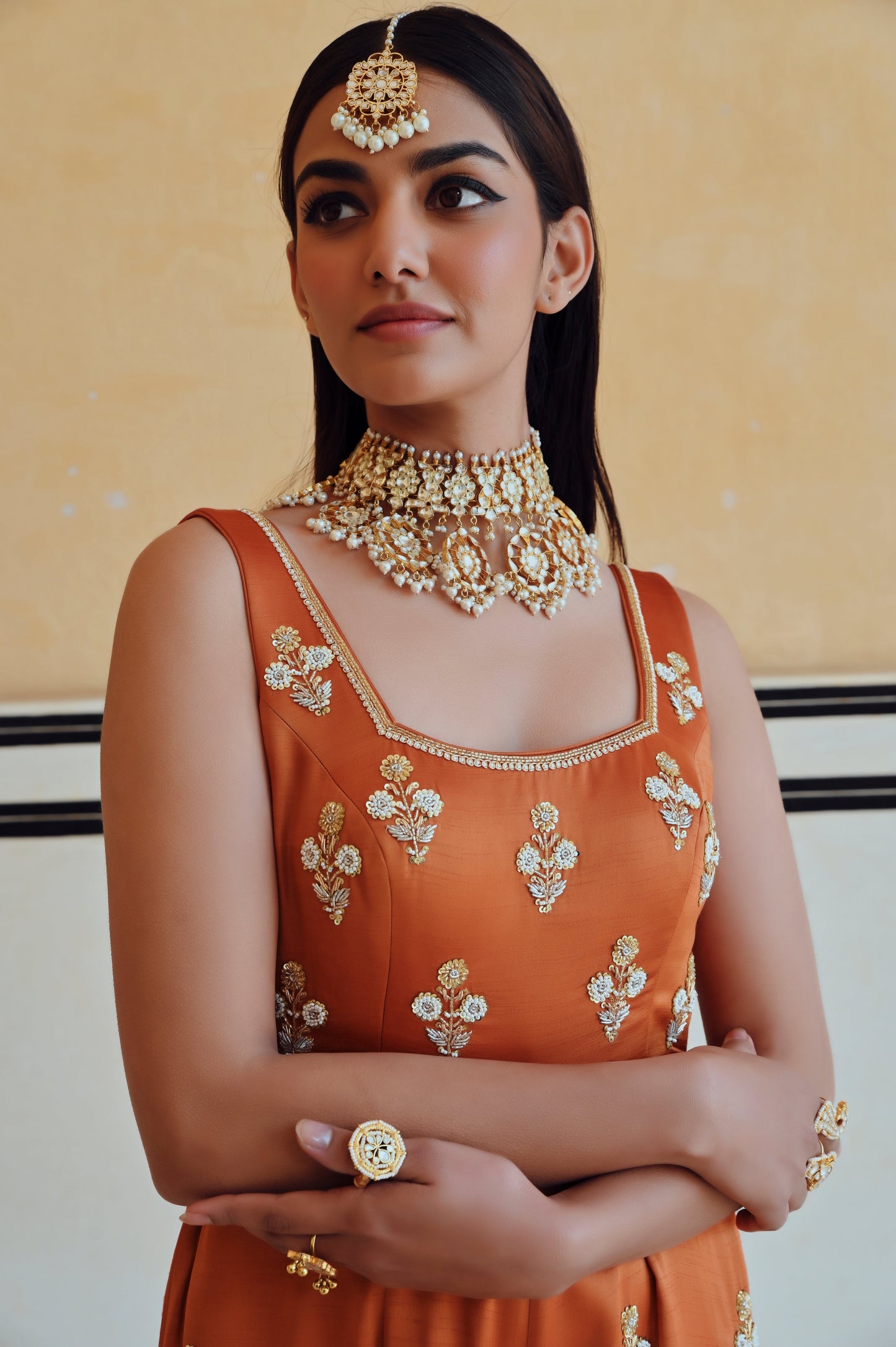 COPPER SQUARE NECKLINE FLORAL BUTTI EMBROIDERED FLARED JUMPSUIT- EC-JS-RAHI25-16- Copper