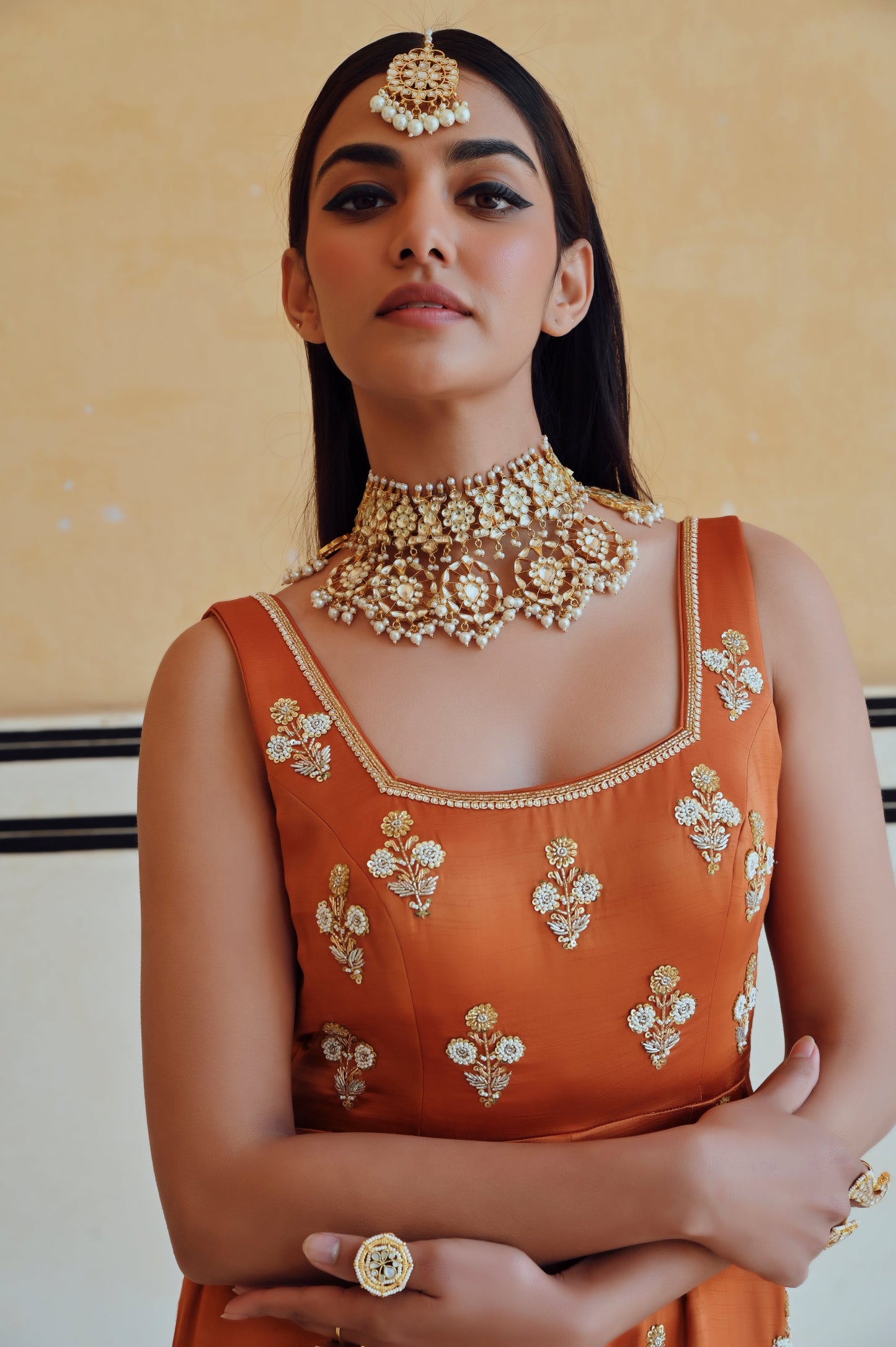 COPPER SQUARE NECKLINE FLORAL BUTTI EMBROIDERED FLARED JUMPSUIT- EC-JS-RAHI25-16- Copper