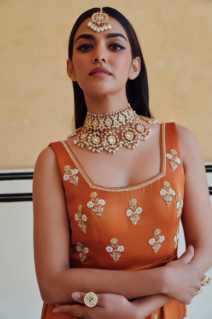 COPPER SQUARE NECKLINE FLORAL BUTTI EMBROIDERED FLARED JUMPSUIT- EC-JS-RAHI25-16- Copper