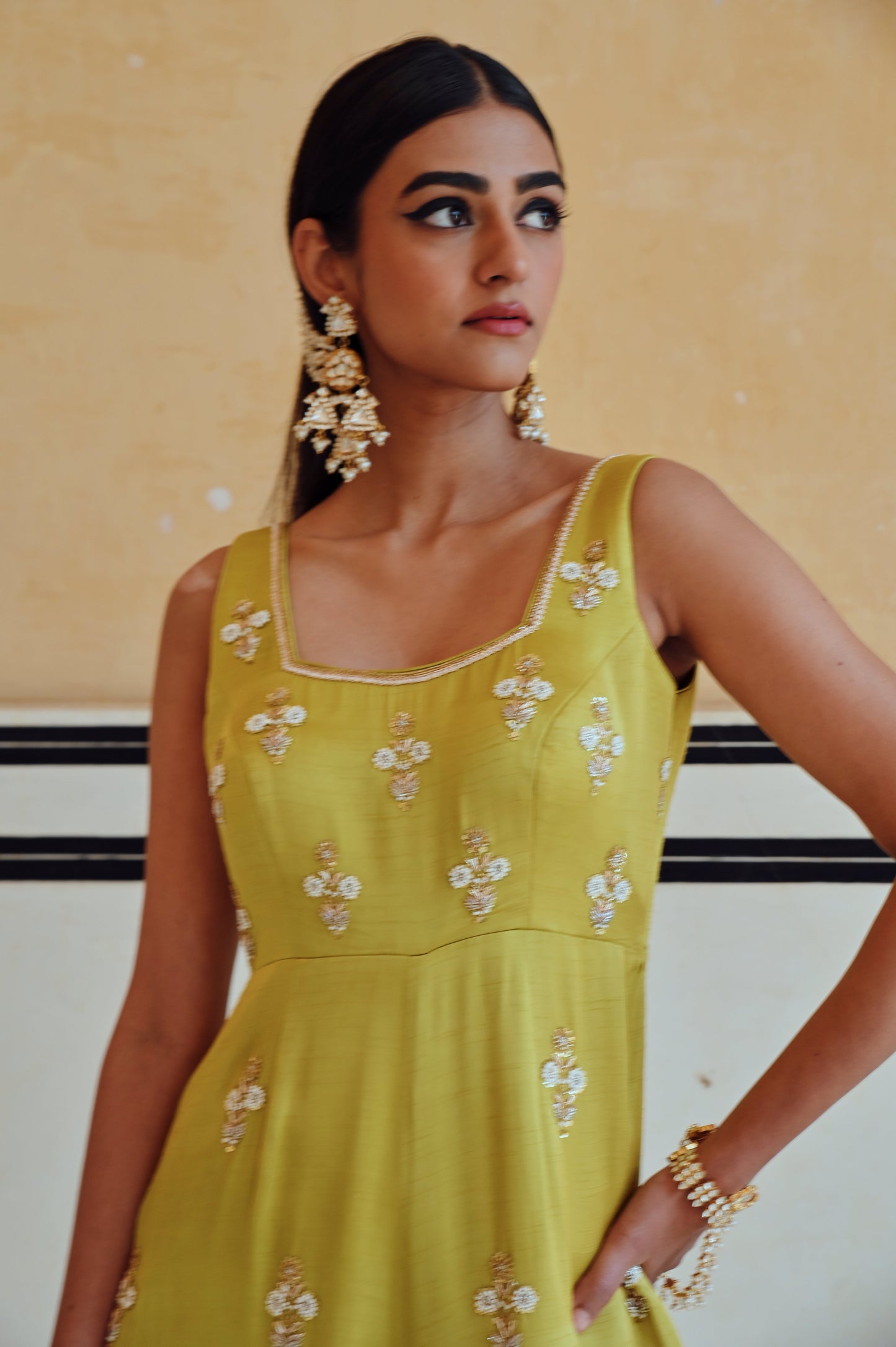 LIME SQUARE NECKLINE FLORAL BUTTI EMBROIDERED FLARED JUMPSUIT- EC-JS-RAHI25-16- Lime