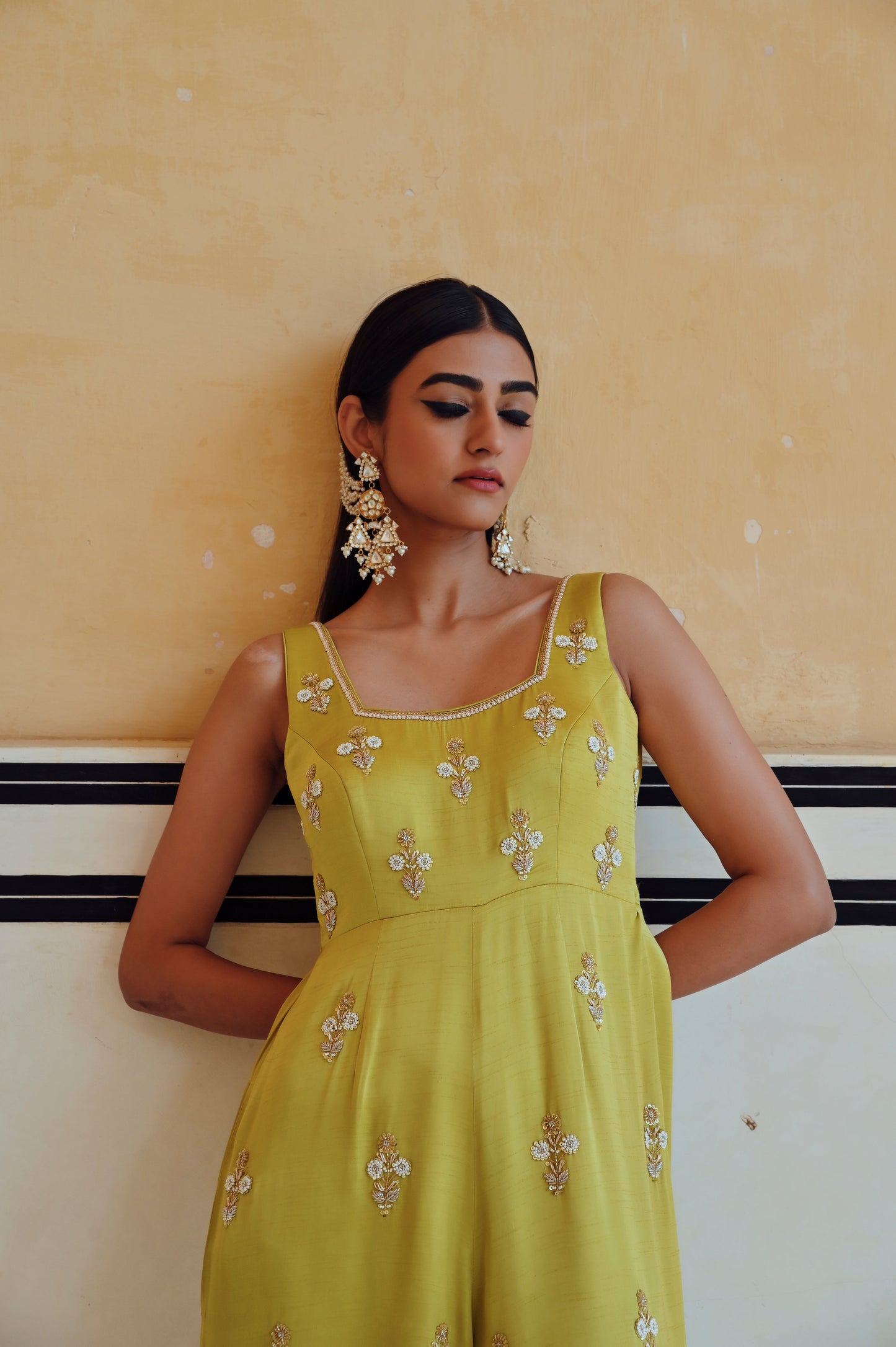 LIME SQUARE NECKLINE FLORAL BUTTI EMBROIDERED FLARED JUMPSUIT- EC-JS-RAHI25-16- Lime