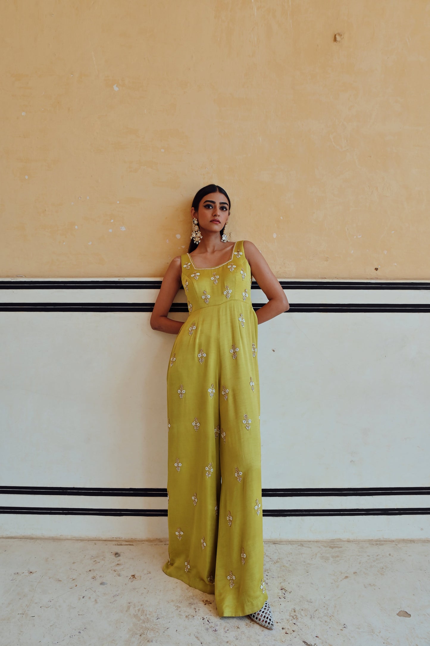LIME SQUARE NECKLINE FLORAL BUTTI EMBROIDERED FLARED JUMPSUIT- EC-JS-RAHI25-16- Lime