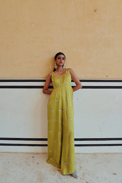 LIME SQUARE NECKLINE FLORAL BUTTI EMBROIDERED FLARED JUMPSUIT- EC-JS-RAHI25-16- Lime