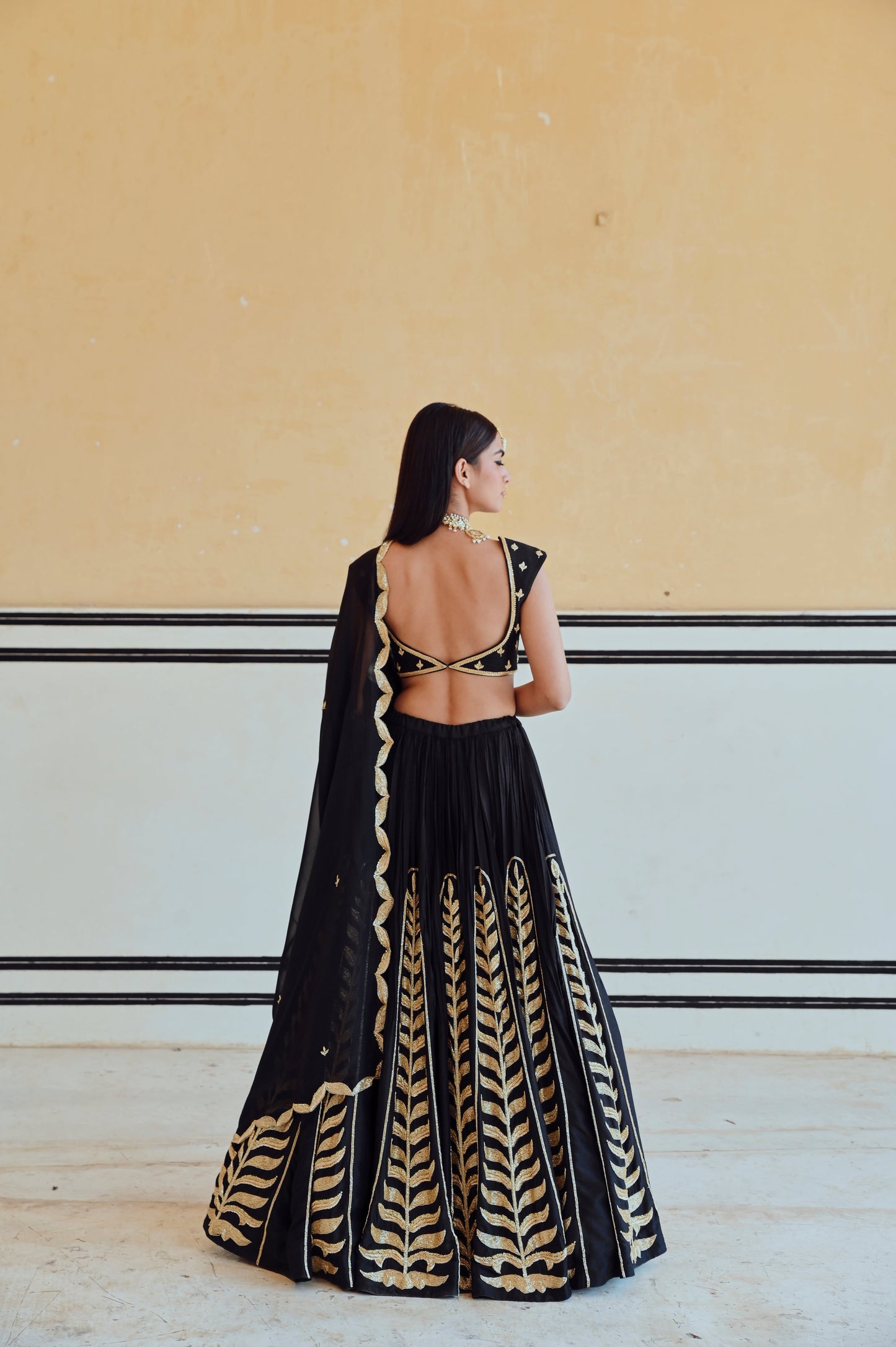BLACK 12 KALI LEAF EMBROIDERED LEHENGA WITH BLOUSE AND DUPATTA- EC-LH-RAHI25-23- Black