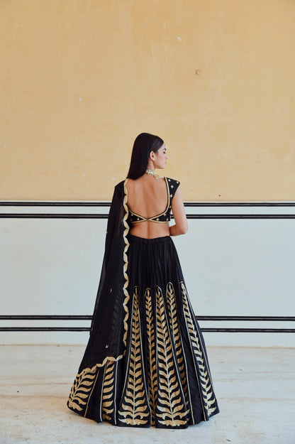 BLACK 12 KALI LEAF EMBROIDERED LEHENGA WITH BLOUSE AND DUPATTA- EC-LH-RAHI25-23- Black