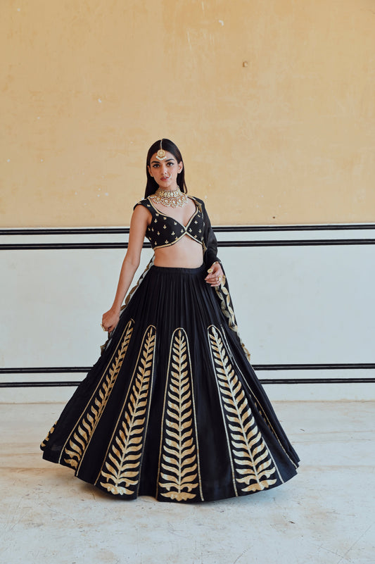 BLACK 12 KALI LEAF EMBROIDERED LEHENGA WITH BLOUSE AND DUPATTA- EC-LH-RAHI25-23- Black