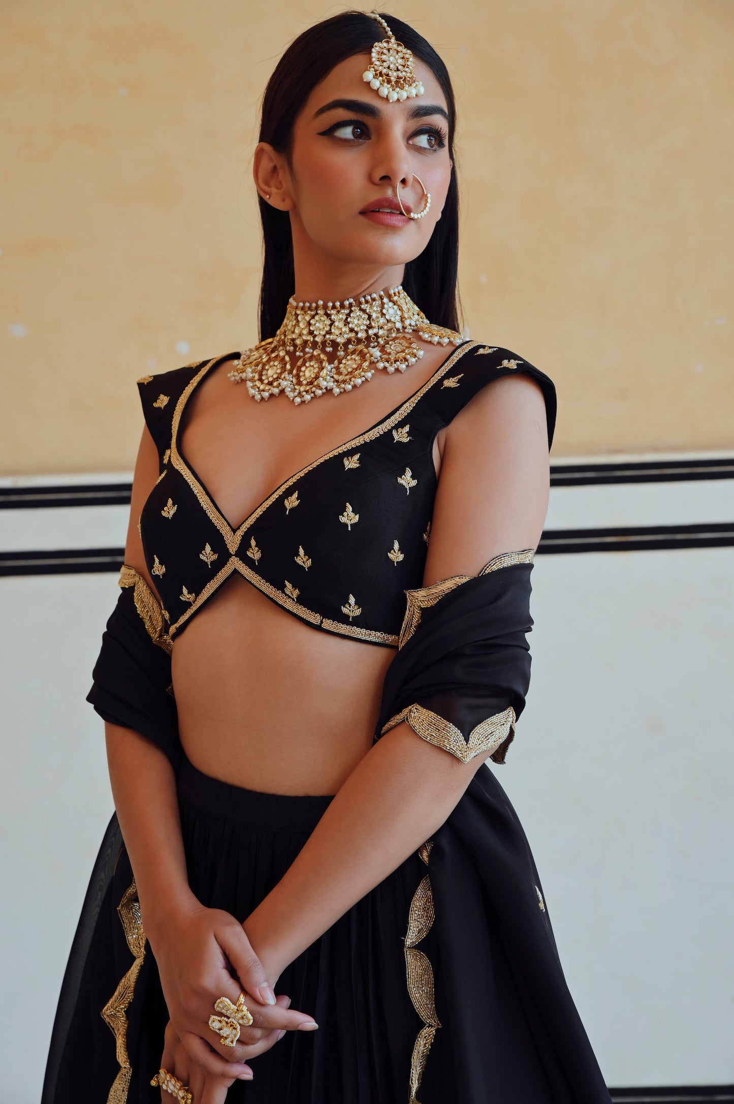 BLACK 12 KALI LEAF EMBROIDERED LEHENGA WITH BLOUSE AND DUPATTA- EC-LH-RAHI25-23- Black