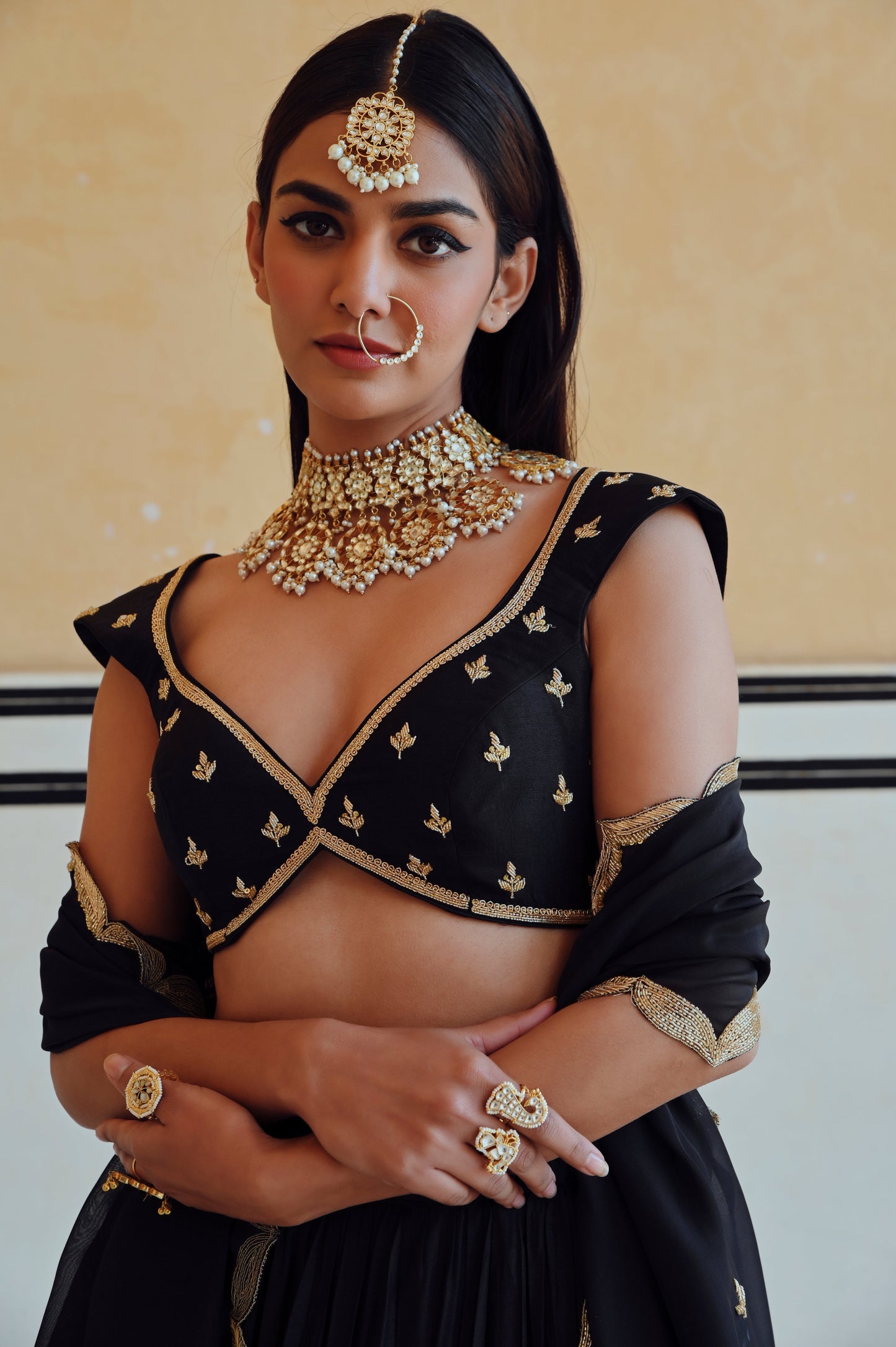 BLACK 12 KALI LEAF EMBROIDERED LEHENGA WITH BLOUSE AND DUPATTA- EC-LH-RAHI25-23- Black