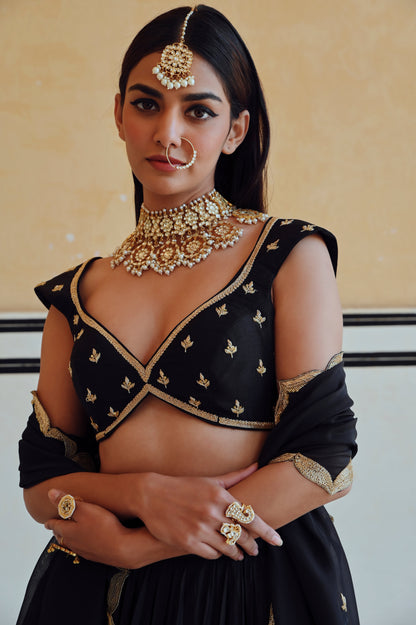 BLACK 12 KALI LEAF EMBROIDERED LEHENGA WITH BLOUSE AND DUPATTA- EC-LH-RAHI25-23- Black