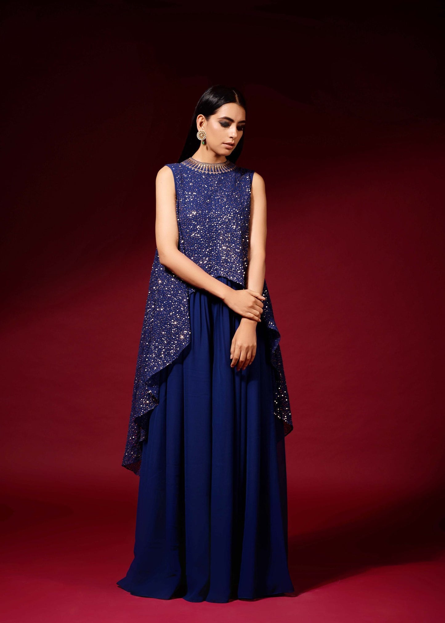 Midnight blue sequined cape set