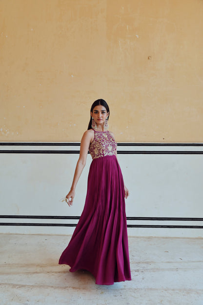 MAGENTA BIG FLOWER JAAL EMBROIDERED ANARKALI WITH DUPATTA- EC-AK-RAHI25-06- Magenta