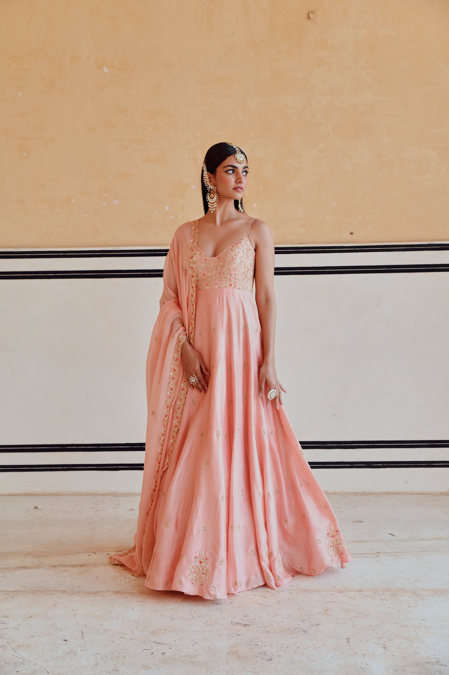 PEACH FLORAL JAAL YOKE EMBROIDERED 16 KALI ANARKALI WITH DUPATTA- EC-AK-RAHI25-05- Peach