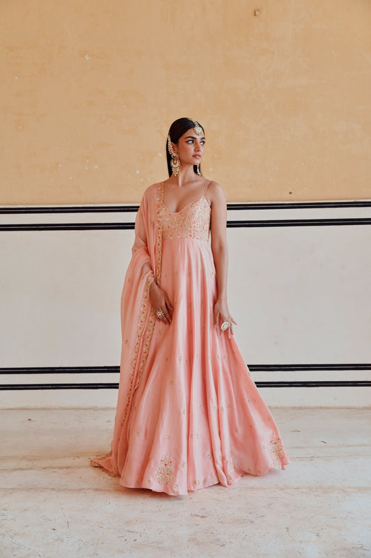 PEACH FLORAL JAAL YOKE EMBROIDERED 16 KALI ANARKALI WITH DUPATTA- EC-AK-RAHI25-05- Peach