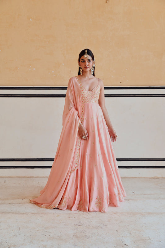 PEACH FLORAL JAAL YOKE EMBROIDERED 16 KALI ANARKALI WITH DUPATTA- EC-AK-RAHI25-05- Peach