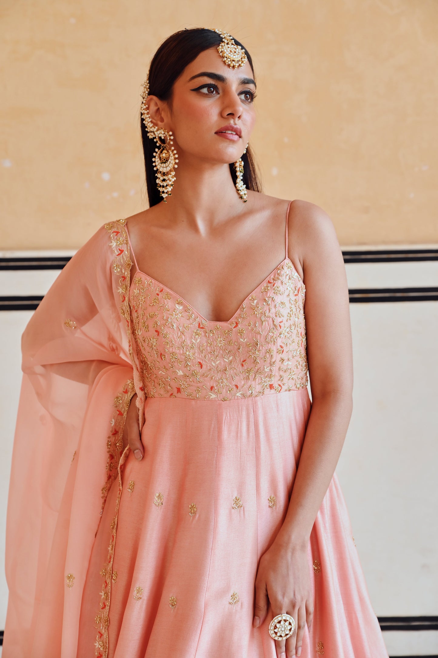 PEACH FLORAL JAAL YOKE EMBROIDERED 16 KALI ANARKALI WITH DUPATTA- EC-AK-RAHI25-05- Peach