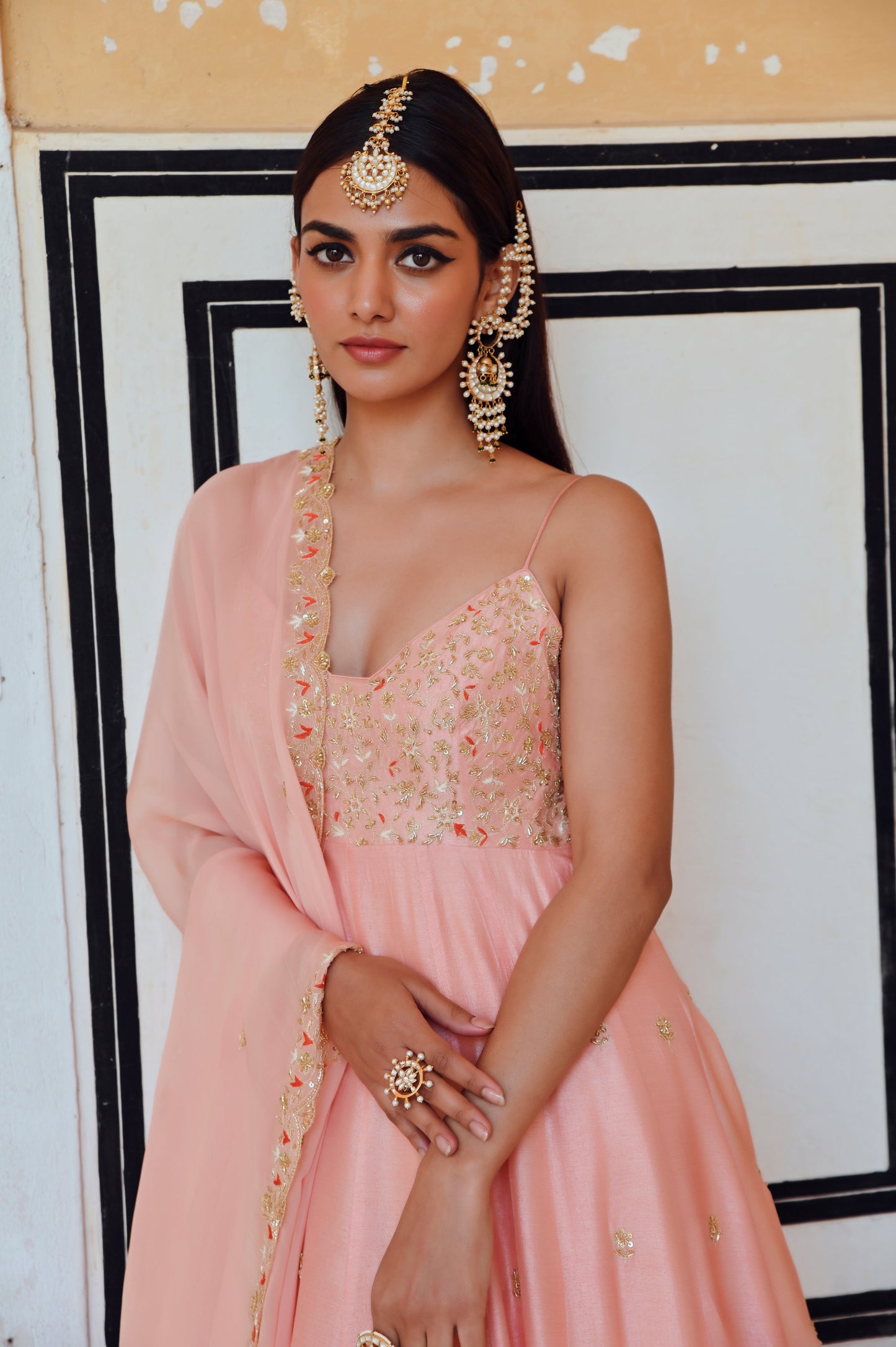 PEACH FLORAL JAAL YOKE EMBROIDERED 16 KALI ANARKALI WITH DUPATTA- EC-AK-RAHI25-05- Peach