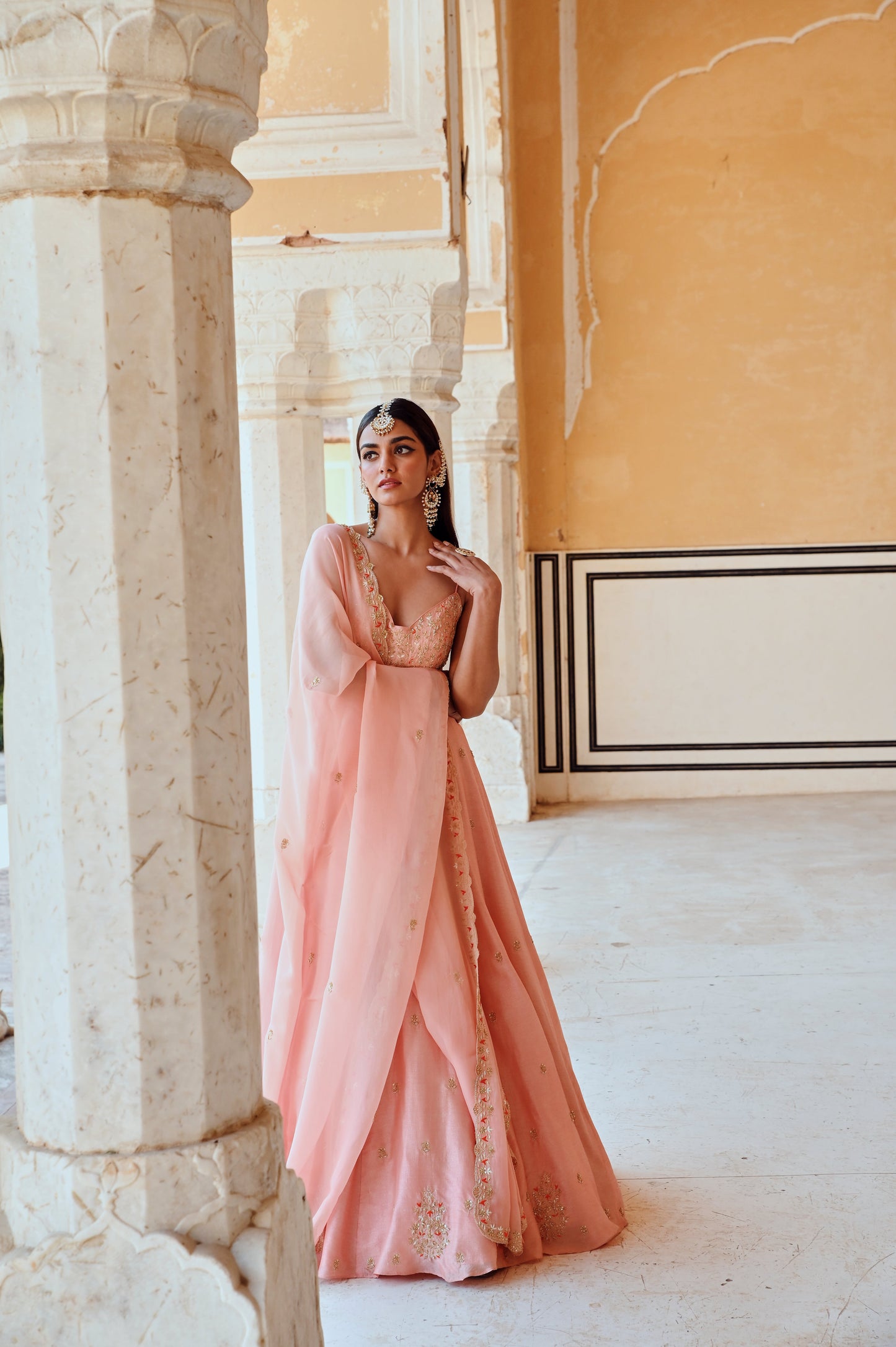 PEACH FLORAL JAAL YOKE EMBROIDERED 16 KALI ANARKALI WITH DUPATTA- EC-AK-RAHI25-05- Peach