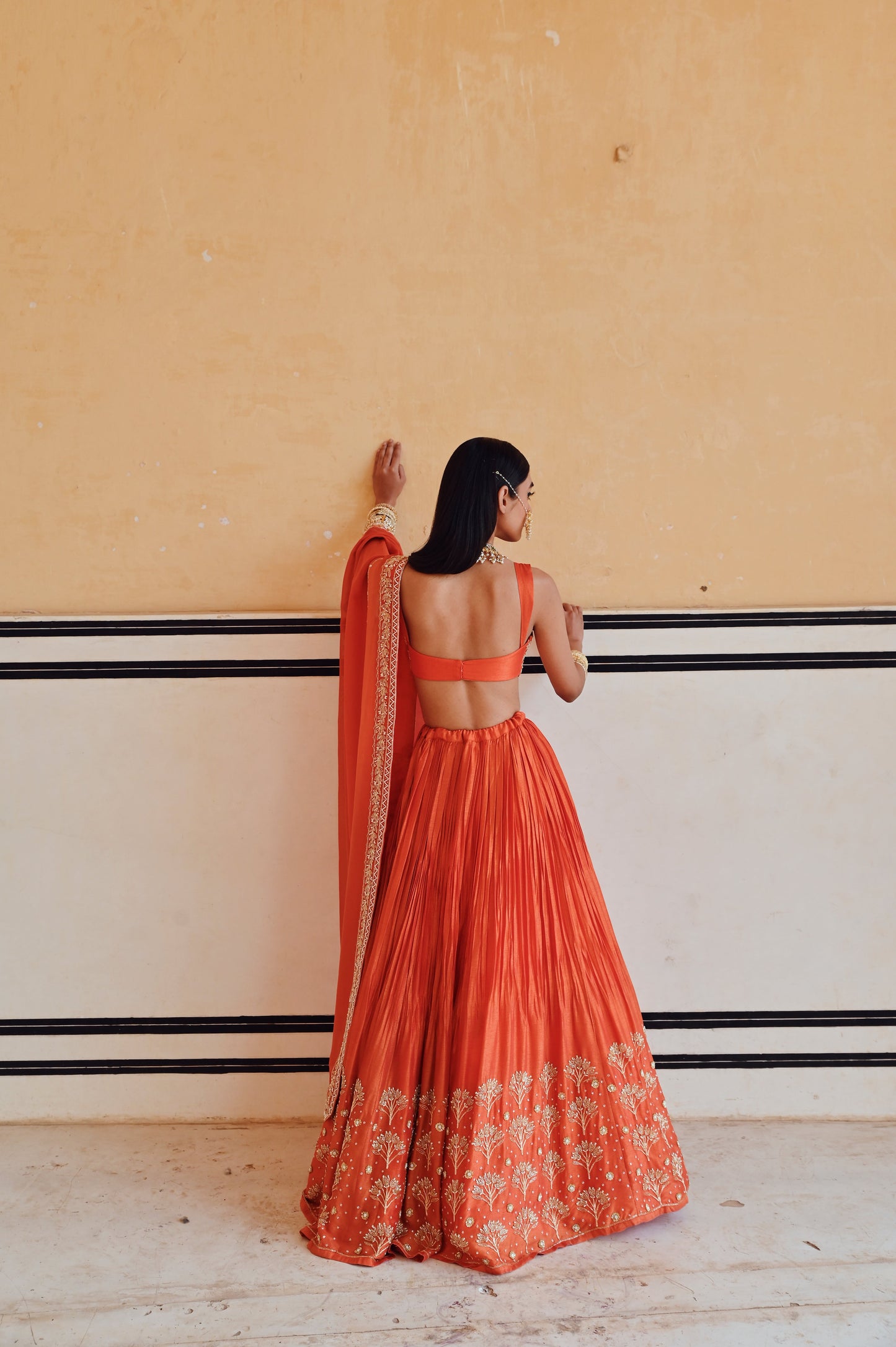 ORANGE BROAD STEP EMBROIDERED BLOUSE WITH BUTTI EMBROIDERED LEHENGA AND DUPATTA- EC-LH-RAHI25-24- Orange
