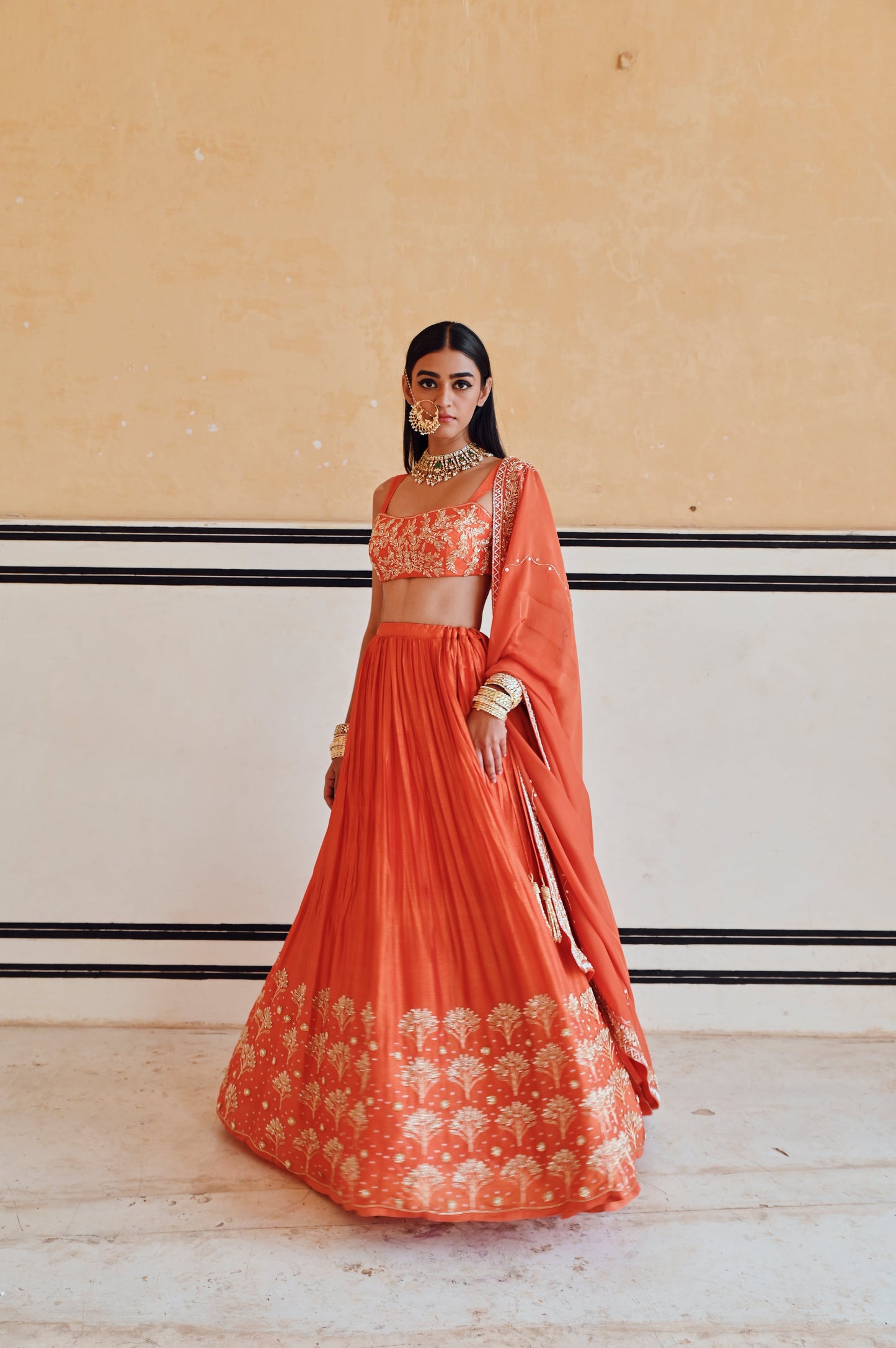 ORANGE BROAD STEP EMBROIDERED BLOUSE WITH BUTTI EMBROIDERED LEHENGA AND DUPATTA- EC-LH-RAHI25-24- Orange