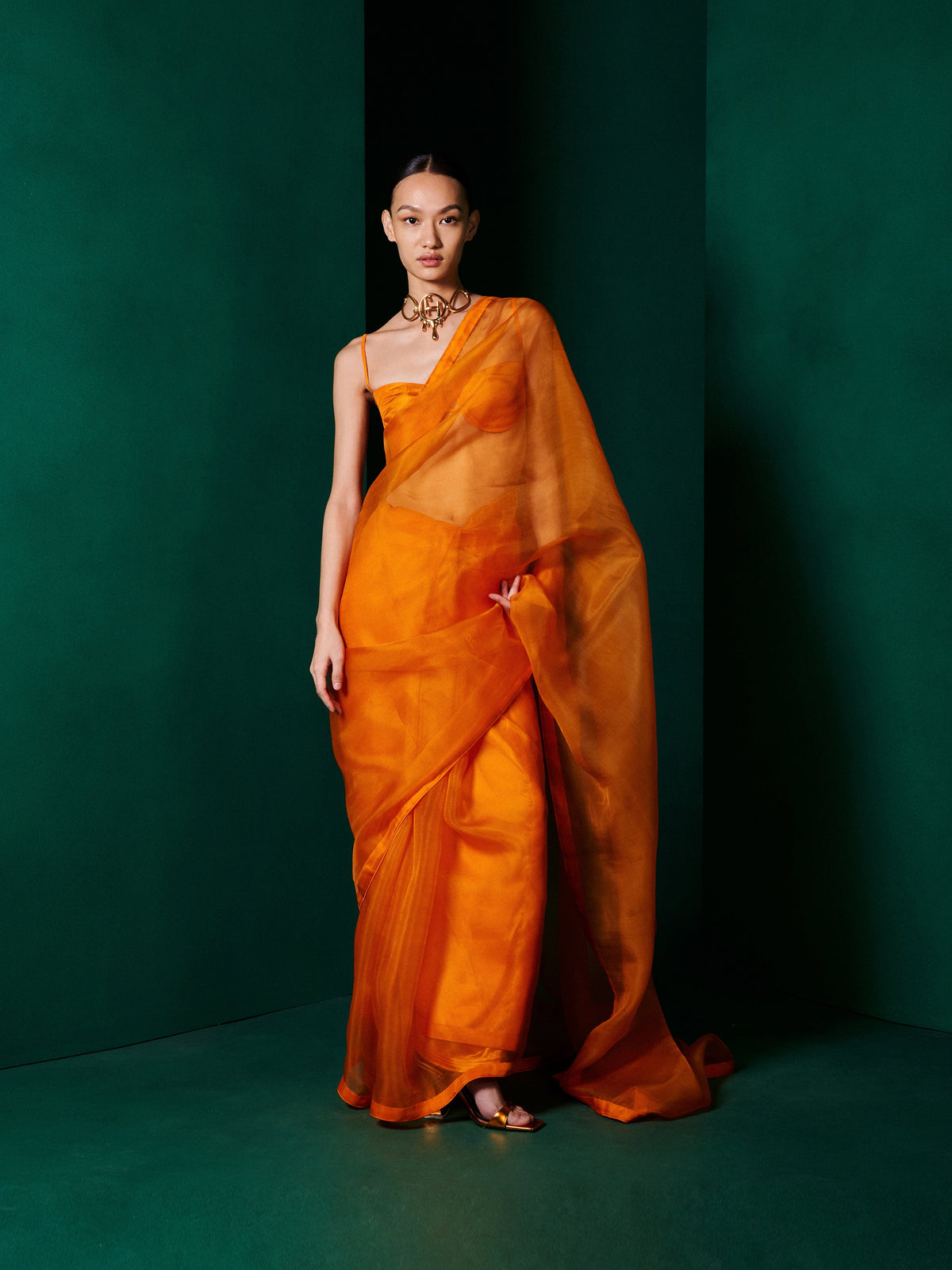 Handwoven Tangerine Orange Organza Saree