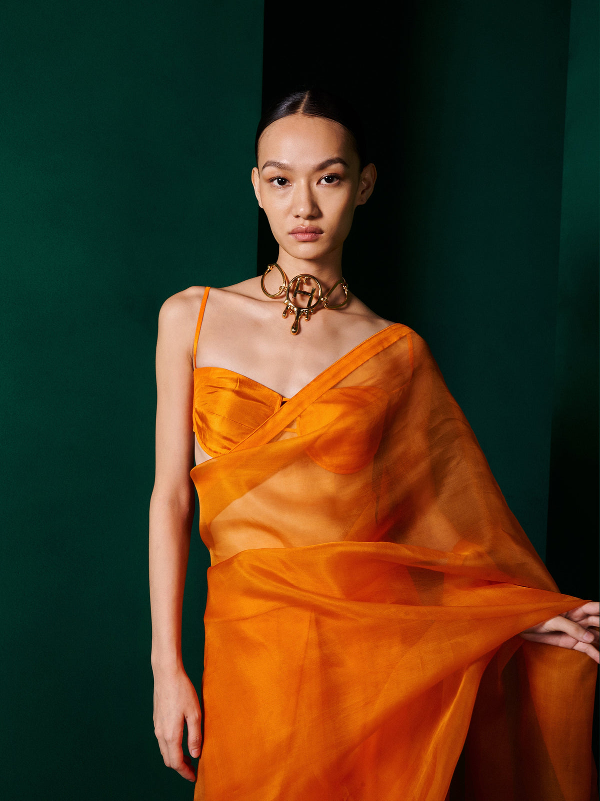 Handwoven Tangerine Orange Organza Saree