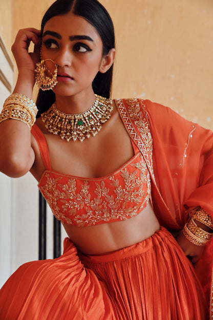 ORANGE BROAD STEP EMBROIDERED BLOUSE WITH BUTTI EMBROIDERED LEHENGA AND DUPATTA- EC-LH-RAHI25-24- Orange