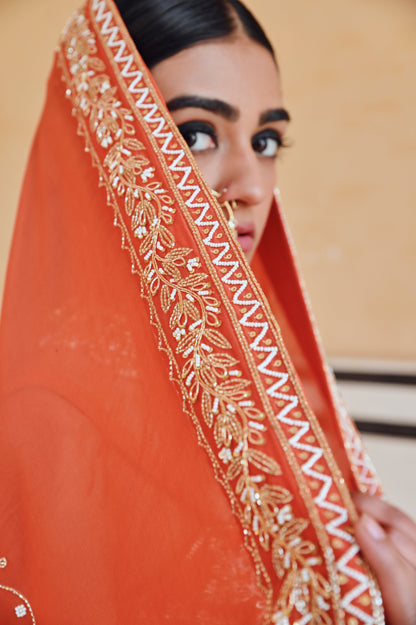 ORANGE BROAD STEP EMBROIDERED BLOUSE WITH BUTTI EMBROIDERED LEHENGA AND DUPATTA- EC-LH-RAHI25-24- Orange