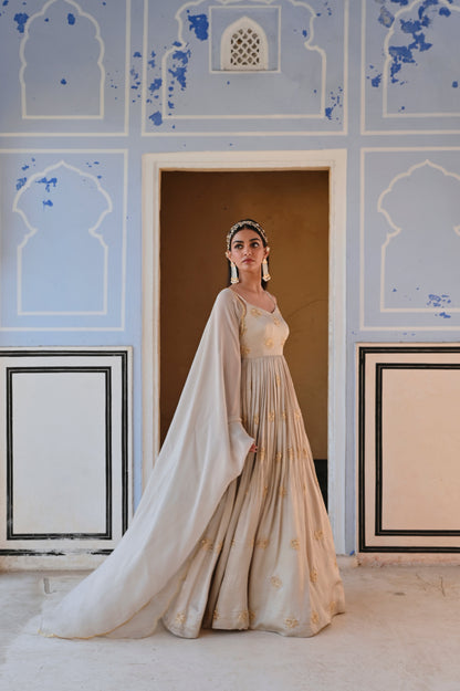 GREY BROAD STEP 3 BUTTI EMBROIDERED ANARKALI WITH DUPATTA- EC-AK-RAHI25-08-Beige