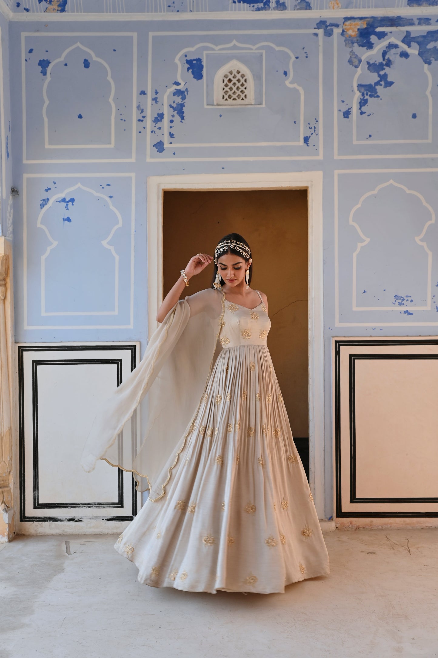 GREY BROAD STEP 3 BUTTI EMBROIDERED ANARKALI WITH DUPATTA- EC-AK-RAHI25-08-Beige