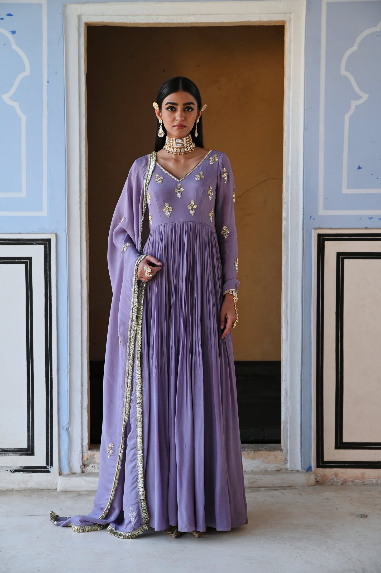 LILAC V-NECK FLORAL BUTTI EMBROIDERED FULL SLEEVE ANARKALI WITH DUPATTA- EC-AK-RAHI25-07- Lilac