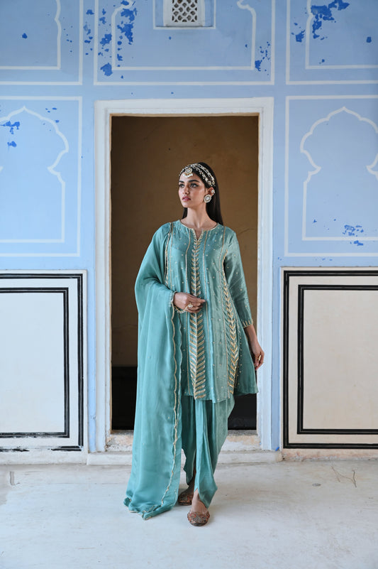 TURQUOISE BLUE 3/4 TH SLEEVE EMBROIDERED SHORT KURTA WITH DHOTI AND DUPATTA- EC-SH-RAHI25-13- TurquoiseBlue