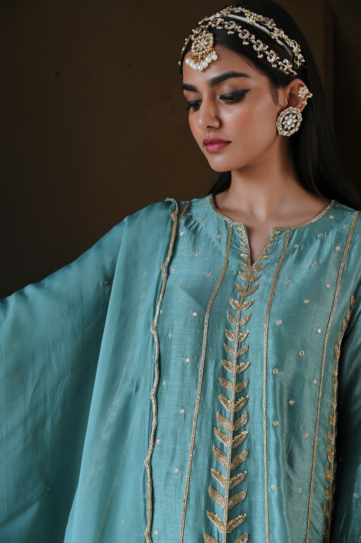 TURQUOISE BLUE 3/4 TH SLEEVE EMBROIDERED SHORT KURTA WITH DHOTI AND DUPATTA- EC-SH-RAHI25-13- TurquoiseBlue