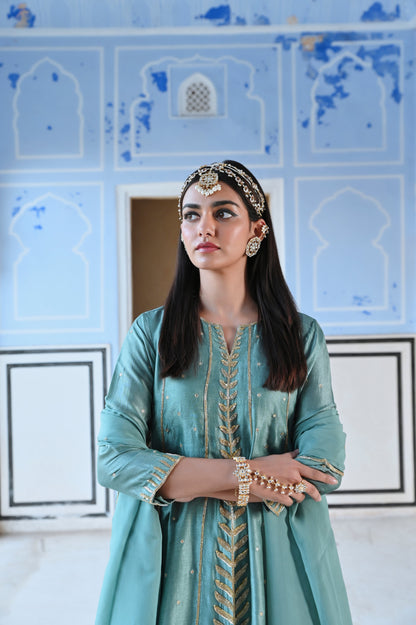 TURQUOISE BLUE 3/4 TH SLEEVE EMBROIDERED SHORT KURTA WITH DHOTI AND DUPATTA- EC-SH-RAHI25-13- TurquoiseBlue
