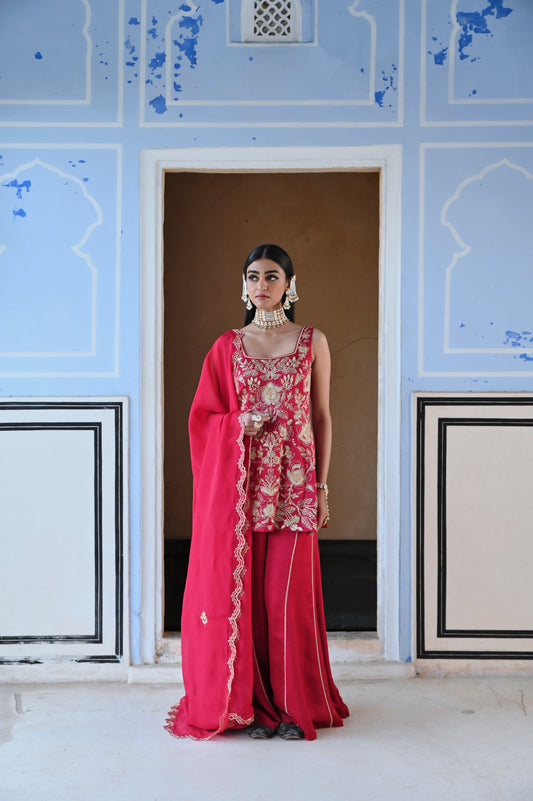 RED SQUARE NEKLINE BIG FLOWER JAAL EMBROIDERED SHORT KURTA WITH PALAZZO AND DUPATTA- EC-SH-RAHI25-12-Red