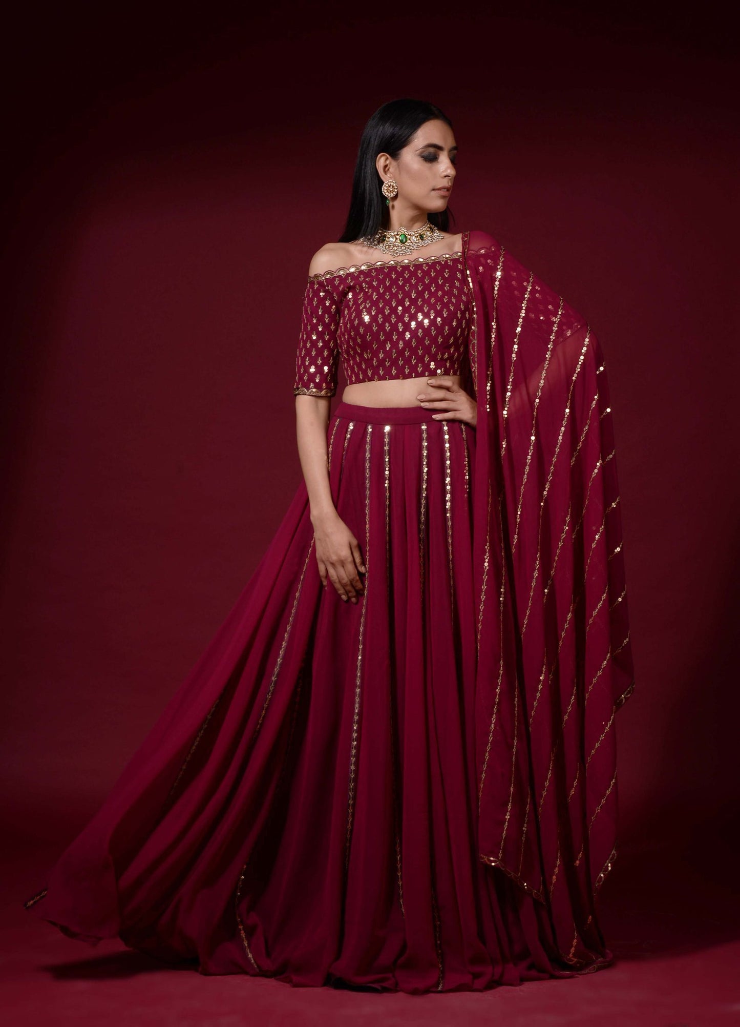 Wine Off Shoulder Blouse Lehenga Pants Set