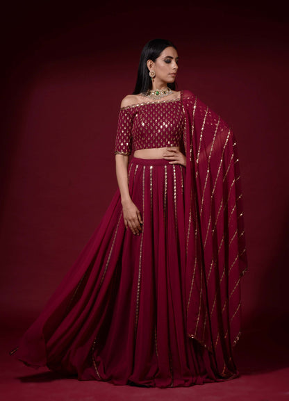 Wine Off Shoulder Blouse Lehenga Pants Set