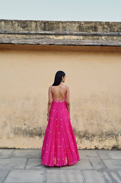 HOT PINK FLORAL JAAL YOKE EMBROIDERED 16 KALI ANARKALI WITH DUPATTA- EC-AK-RAHI25-05- HotPink