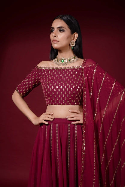 Wine Off Shoulder Blouse Lehenga Pants Set