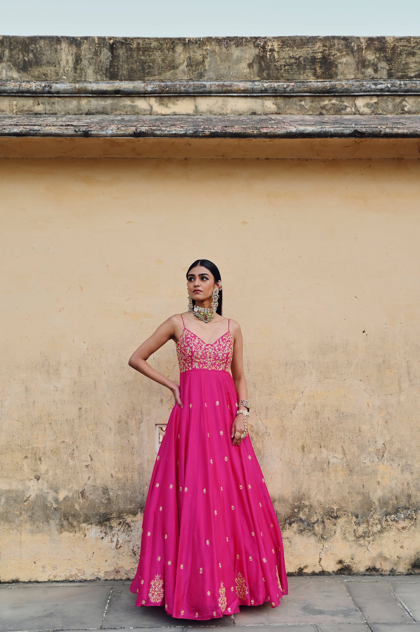 HOT PINK FLORAL JAAL YOKE EMBROIDERED 16 KALI ANARKALI WITH DUPATTA- EC-AK-RAHI25-05- HotPink