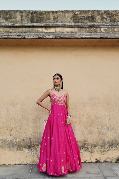 HOT PINK FLORAL JAAL YOKE EMBROIDERED 16 KALI ANARKALI WITH DUPATTA- EC-AK-RAHI25-05- HotPink